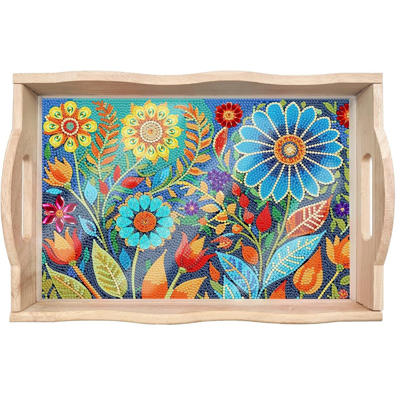 Blue Floral Wooden Serving Tray-Special-DiamondArt.ca
