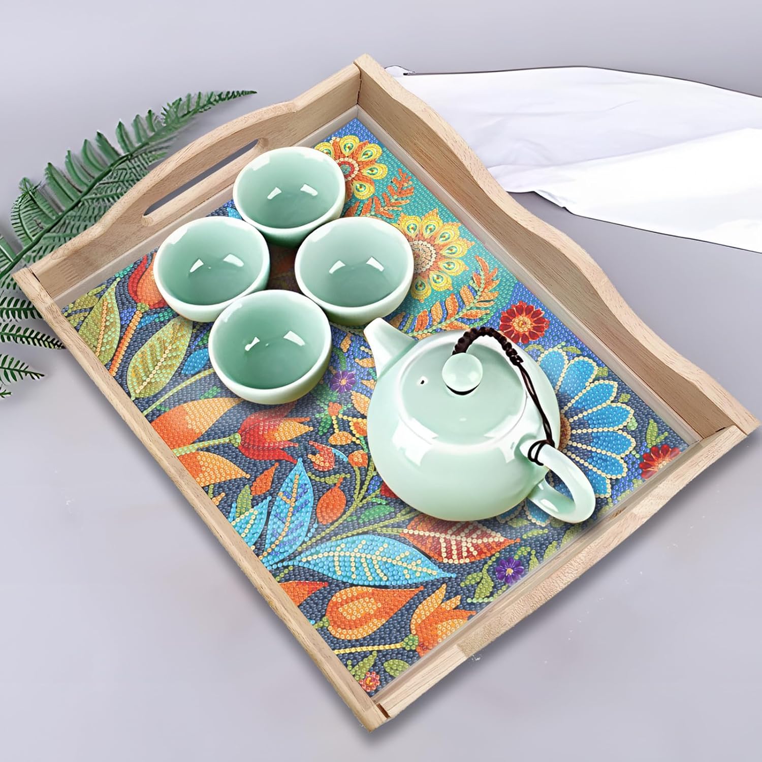 Blue Floral Wooden Serving Tray-Special-DiamondArt.ca