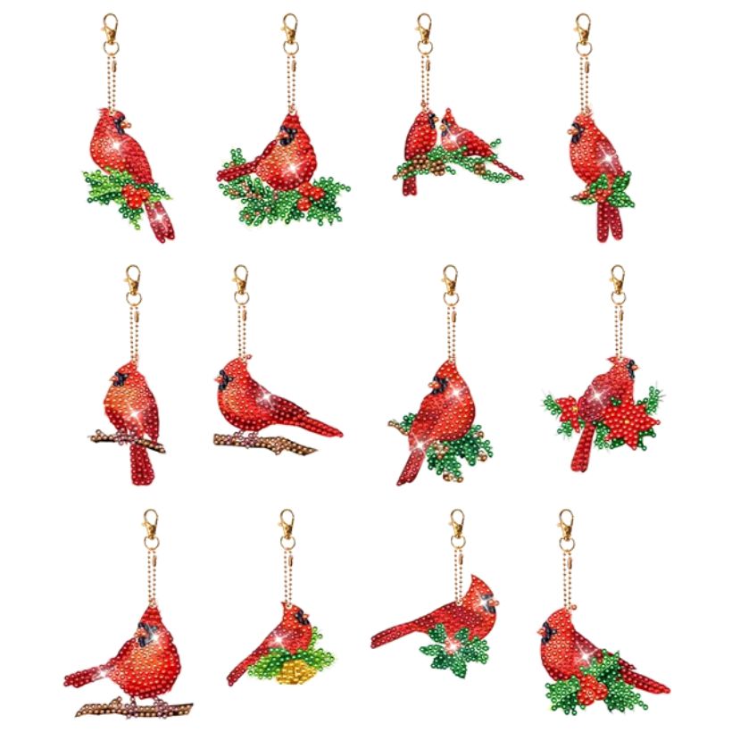 Red Sparkle Cardinals Key Chain Kit (12 Pieces)-Special-DiamondArt.ca