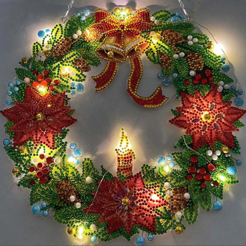 Christmas Poinsettias LED Wreath-Christmas Poinsettias-DiamondArt.ca