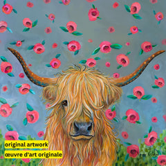 Flowers for Daisy the Highland Cow by Karrie Evenson-30x30cm-Round-DiamondArt.ca