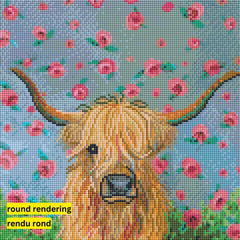 Flowers for Daisy the Highland Cow by Karrie Evenson-30x30cm-Round-DiamondArt.ca
