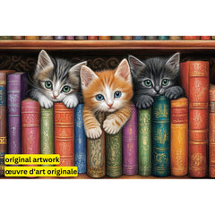 Kittens on a Bookshelf by Imagine It Images-40x60cm-Round-DiamondArt.ca