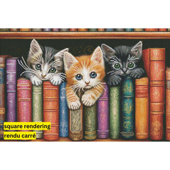 Kittens on a Bookshelf by Imagine It Images-40x60cm-Round-DiamondArt.ca