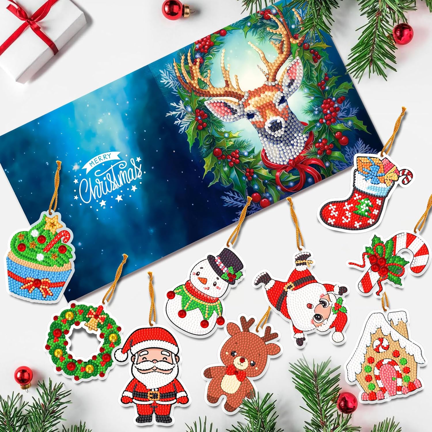 Sparkle Holiday Combo: 8 Christmas Cards & 12 Ornaments-Special-DiamondArt.ca
