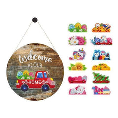 Red Truck Metal Welcome Sign with Changeable Accent Plates-Red Truck-DiamondArt.ca